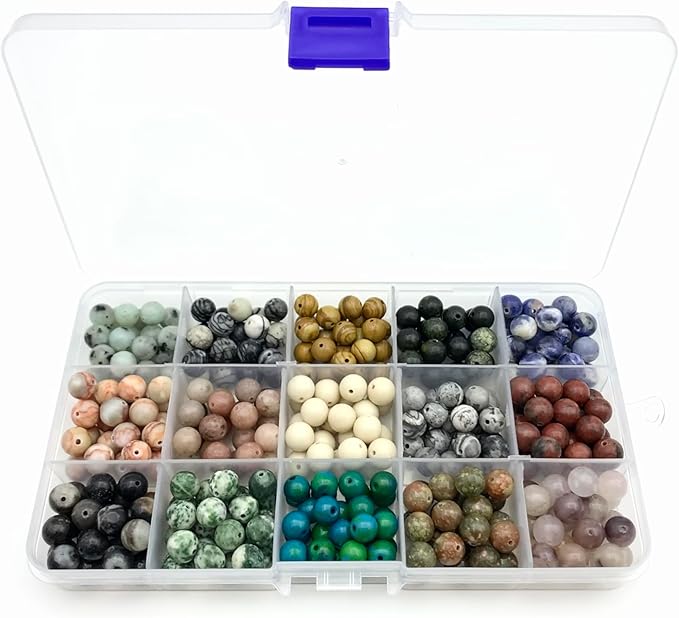 350pcs 8mm Natural Round Stone Beads,for Jewelry Making,Loose Gemstone Accessories Hole Size 1mm,Polyolor Crystal Energy Stone,DIY Smooth Beads Necklace Bracelet (8mm 15 Grid), Small