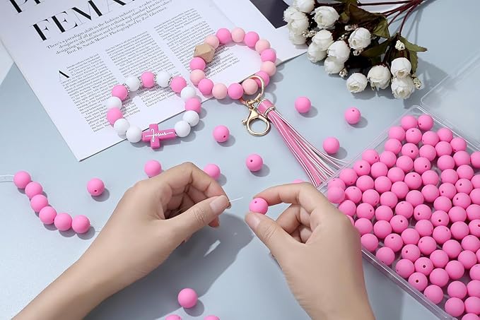 MAIBAOTA 120 Pcs Pink Silicone Beads (15 mm) for Keychain, Pens, Bracelet, Necklace Making - Bulk Pack with Boxed Kits