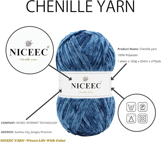 NICEEC 2 Skeins Soft Chenille Yarn Blanket Yarn for Knitting Fancy Yarn for Crochet Weaving DIY Craft Total Length 2×255m (2×279yds, 2×150g)_Navy Blue