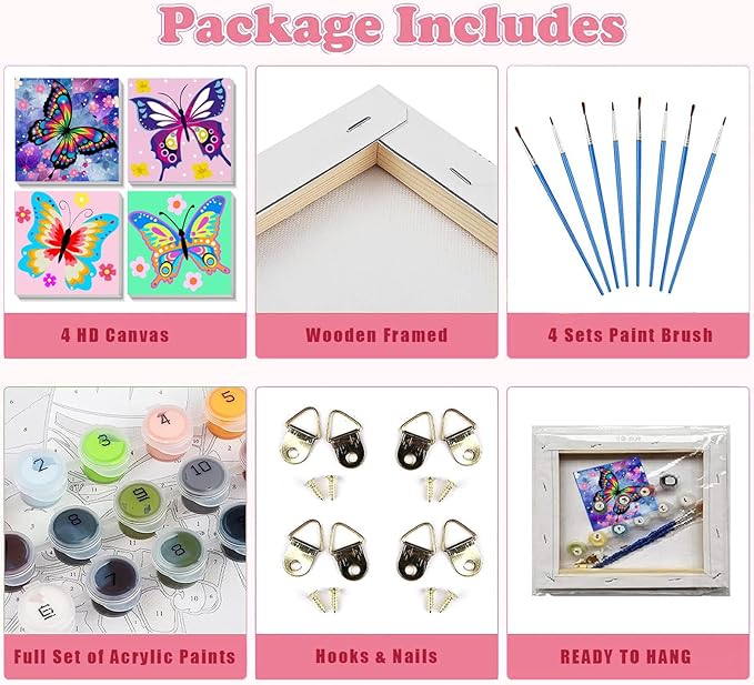 4 Pack Butterfly Paint by Number for Kids with Wooden Frame, Paint by Numbers for Kids Butterflies Ages 4-8-12, Easy Painting with Numbers DIY Acrylic Oil Painting Kits for Home Wall Decor (8X8 inch)