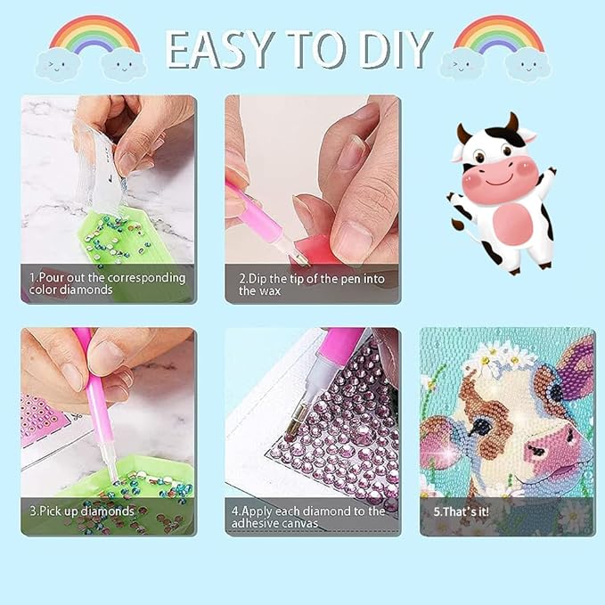 PERFECTSIGHT Cute 5D Diamond Art Kits with Wooden Frame, Kawaii DIY Painting Art for Adults, Diamond Arts and Crafts Sets, Big Gem Full Drill Diamond Dots for Women Beginners (Cow)