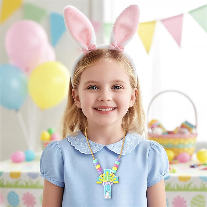 BeYumi Easter Necklace Craft Kit - 24Pcs DIY Easter JESUS IS RISEN Wooden Cross Pendant Beads Necklace Making with Bunny Greeting Card Christian Religious Gift Kids Church School Classroom Party Favor