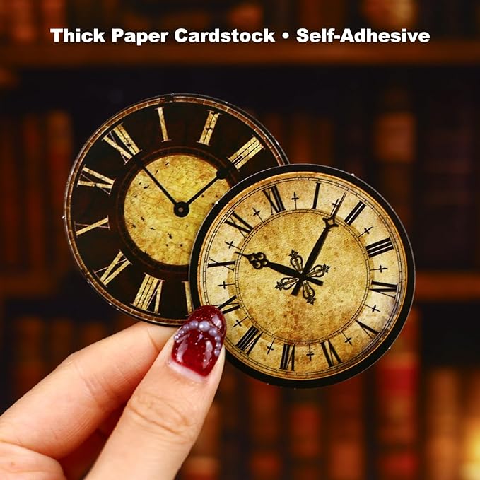 Vintage Time Dial Stickers – 60pcs Retro Clock Pattern Cardstock Stickers with Roman Numerals, Pre-Cut Self-Adhesive for Scrapbook, Junk Journal, Planner and DIY Collage