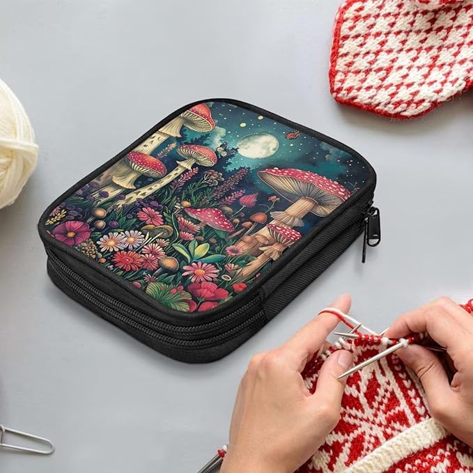 Hechitok Mushroom Empty Crochet Hook Case Portable Travel Crochet Storage Bag Organizer Zipper Bags with Web Pocket and Crochet Holder Slots for Crochet Knitting Accessories