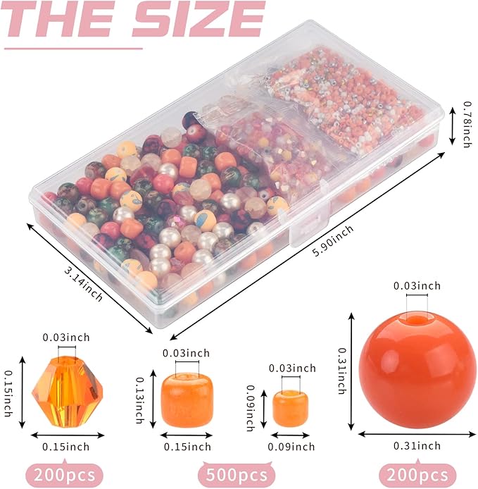 Rired 27 Glass Beads for Bracelet Making Kit, 900pcs Orange Crystal Beads Set, Craft Beads Include Assorted 8mm Round/Bicone/Seed and Shaped Star Beads for Jewelry Making