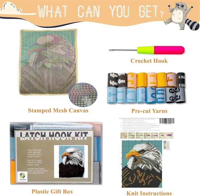 EMISTEM Latch Hook Kits for Adults - DIY Latch Hook Rug Kits, Crochet Kit for Beginners, Rug Making Kits with Printed Canvas, Gift Packaging. (Bald Eagle,15x21)