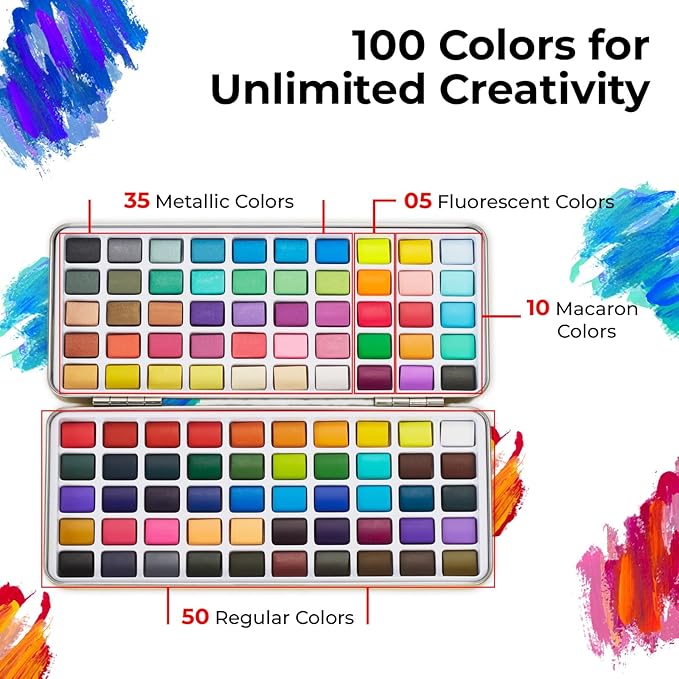 Watercolor Paint Set - 100 Colors with Metallic, Macaron & Fluorescent Shades - Washable, Non-Toxic Portable Paint Kit with Water Brush, Palette & Case - Painting Supplies for Beginner & Professionals