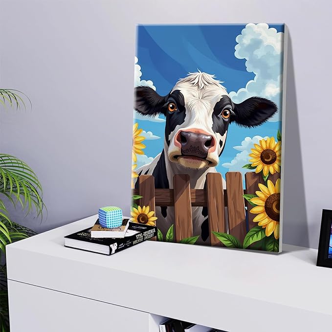 JOOZ Cow Paint by Numbers Kit for Adults with Frame Sunflower Paint by Number with Easel Adult Paint by Number Kits Framed Canvas Oil Painting Kits for Home Wall Decor 8x12 Inch