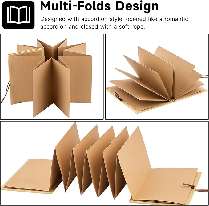Scrapbook Album 6x8 Inch Small Photo Album with DIY Accessories Set, Stretchable Folding Kraft Paper Memory Book for Wedding Anniversary (Brown)