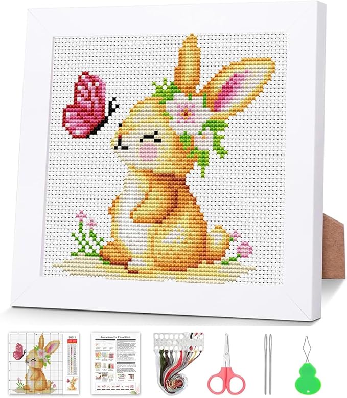 VIGEGU Rabbit Cross Stitch Kits for Beginners,Stamped Cross Stitch for Adults with Framed,Crafts for Girls 8-12 Embroidery Kit Partial 11CT Cross-Stitch Arts and Crafts for Adults 6.7x6.7inch