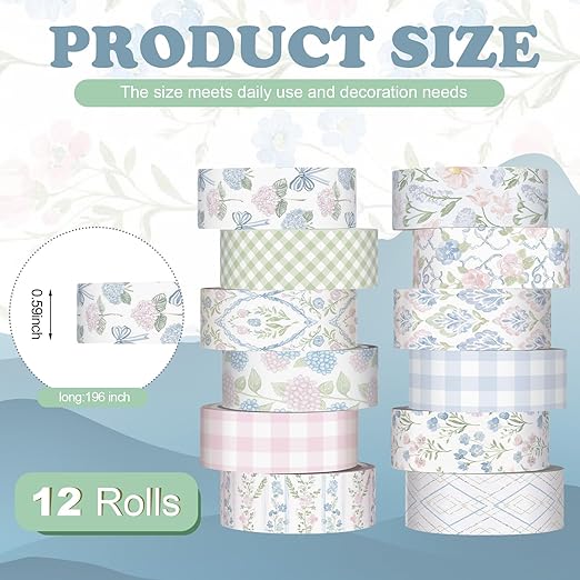 12 Rolls Watercolor Floral Washi Tape Set 15 mm Vintage Flower Decorative Masking Tape for Spring Arts DIY Craft Scrapbook Journal Supplies Gift Wrapping(Pink and Blue,Flowers)