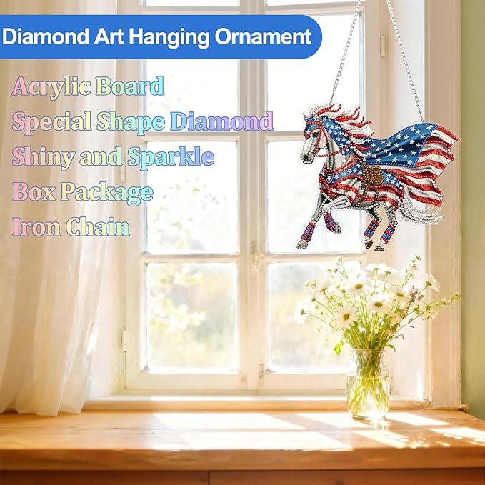 CEOVR 4th of July Hanging Diamond Art for Adults, American Flag Horse Diamond Painting Pendant DIY Gem Art Wall Hanging Ornament, Acrylic Home Garden Decor with Chain, Box Kit 7.78×7.14inch