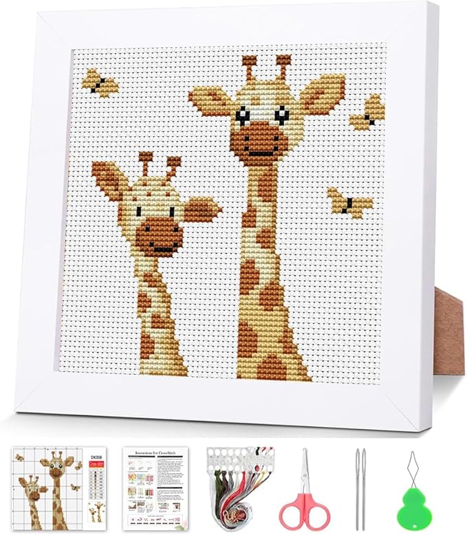 VIGEGU Giraffe Cross Stitch Kits for Beginners,Stamped Cross Stitch for Adults with Framed,Crafts for Girls 8-12 Embroidery Kit Partial 11CT Cross-Stitch Arts and Crafts for Adults 6.7x6.7inch