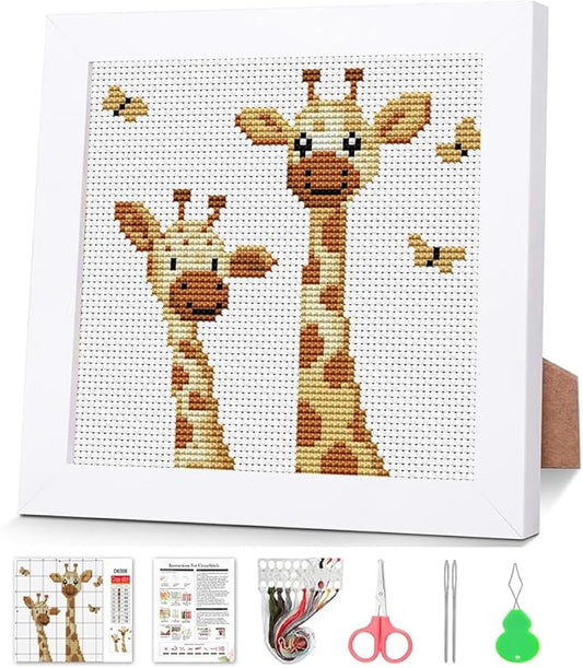 VIGEGU Giraffe Cross Stitch Kits for Beginners,Stamped Cross Stitch for Adults with Framed,Crafts for Girls 8-12 Embroidery Kit Partial 11CT Cross-Stitch Arts and Crafts for Adults 6.7x6.7inch