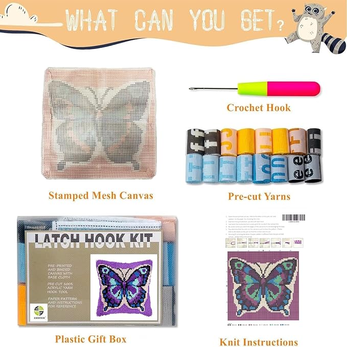EMISTEM Latch Hook Kits for Adults - Latch Hook Pillow Kits, Crochet Yarn Kit for Beginners, Cross-Stitch Embroidery Cushion Cover Case with Printed Canvas. (Purple Butterfly,17x17 inch)