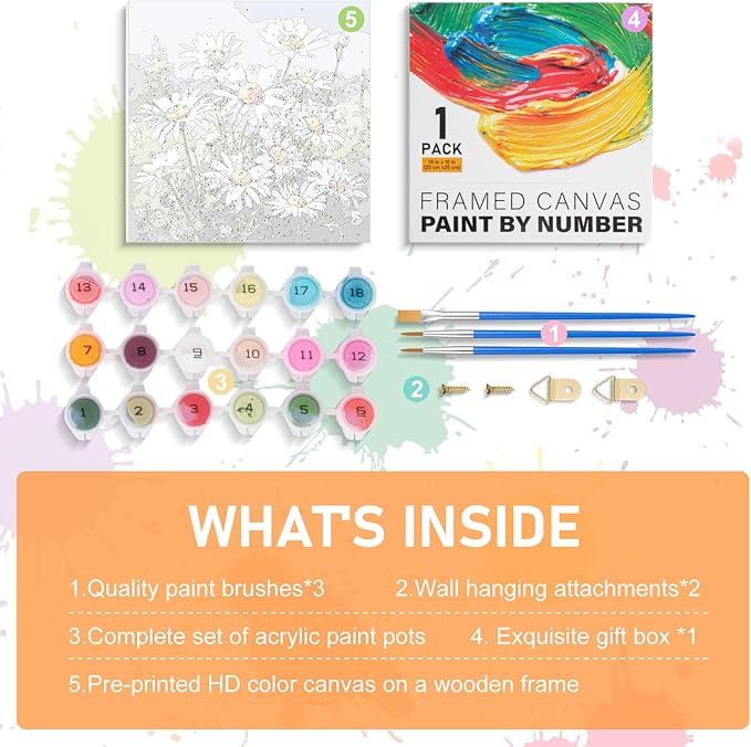 Framed Paint by Numbers Kit for Adults Beginners & Kids Ages 8-12, Daisy Flowers Acrylic Easy Paint by Number with Frame, Watercolor Paint by Number Kits on Canvas Framed (10 * 10 Inch, without Easel)