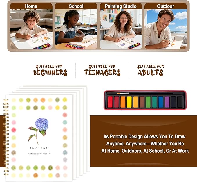 Watercolor Workbook for Adults, Beginner Friendly Watercolor Painting Kit Flowers Water Coloring Book, Nature-Themed Practice Art Gift Water Color Paint Book with Palette and Brush