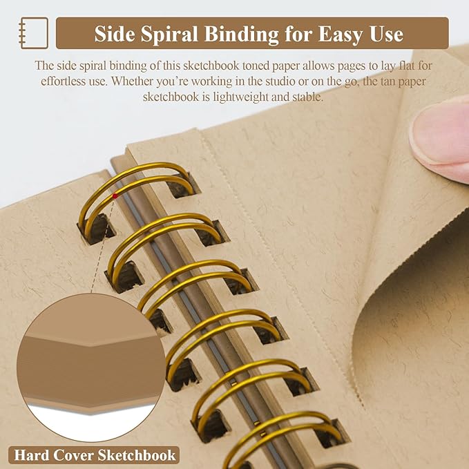 sufly toned tan paper sketchbook, 5.5x8.5 inches, 60 sheets - 90lb/150gsm tan drawing paper for mixed media, charcoal, graphite, colored pencils & white gel pens, 100% recycled, wire-o bound.