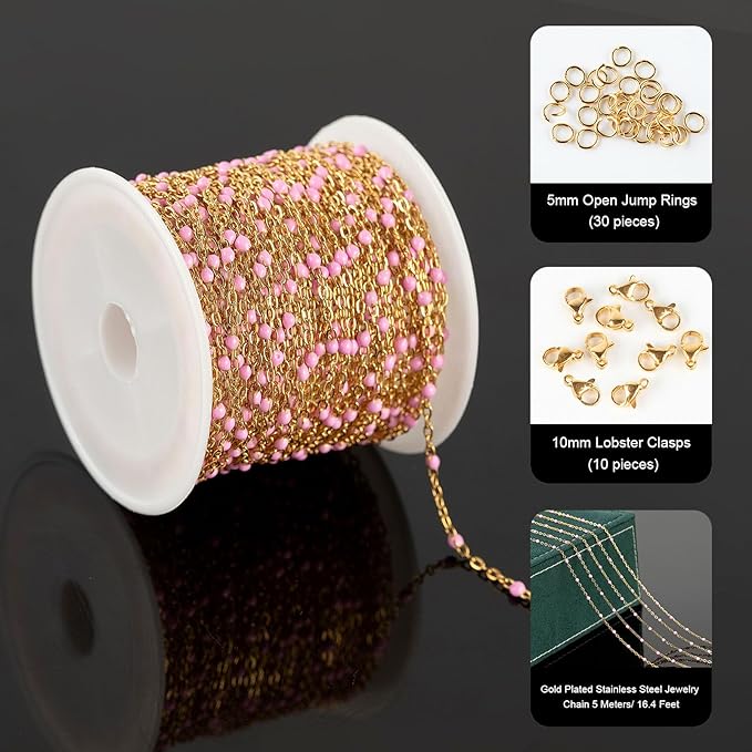 UMAOKANG 33 Feet Pink Bead Chain for Jewelry Making - Gold Plated Stainless Steel DIY Jewelry Supplies