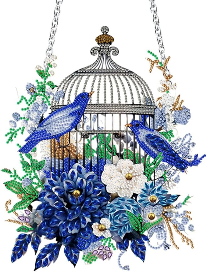 Flower Birdcage Design DIY Diamond Art Painting Wreath Kits Special Shaped Rhinestone Diamond Art Window Pendants Home Garden Wall Hanging Kits (Single Side Point Drill) (#11-Cat) (#01-Bird)