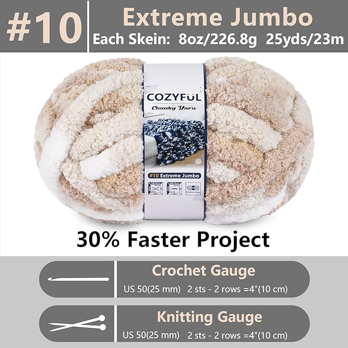Chunky Yarn for Hand Knitting - #10 Chunky Chenille Blanket Yarn, Jumbo Big Thick Chunky Yarns for Crocheting, Tie Dye Bulky Knit Yarns, 8 Skein (25 yds 8 oz Each Skein), White & Khaki & Beige
