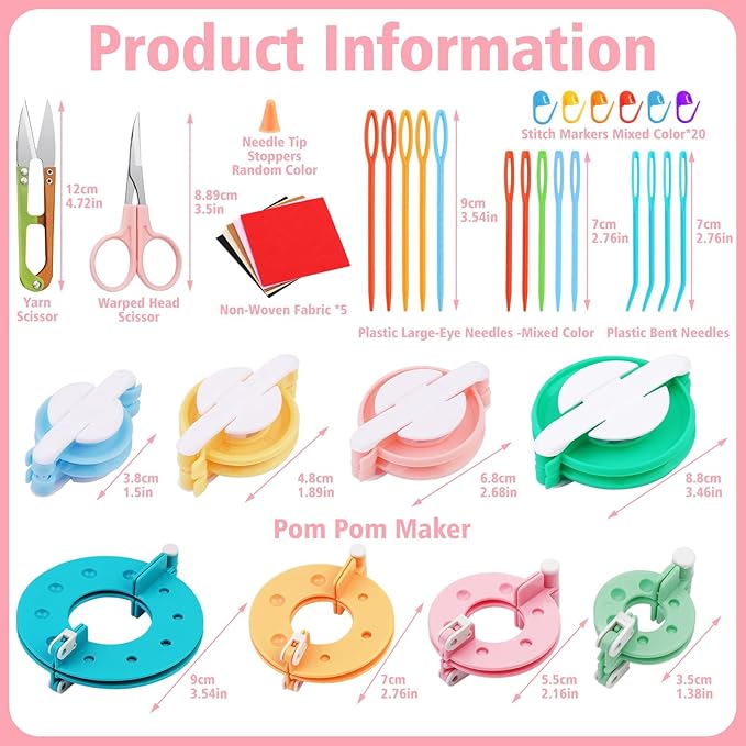 FTEVEN 41Pcs Pom Pom Maker Kit, 8 Size Pompom Maker Tools Set with Warped Head Scissor and Instruction, Used for Fluff Ball Weave DIY Crochet Knitting, Pom Pom Maker for Yarn Knitting Craft Project