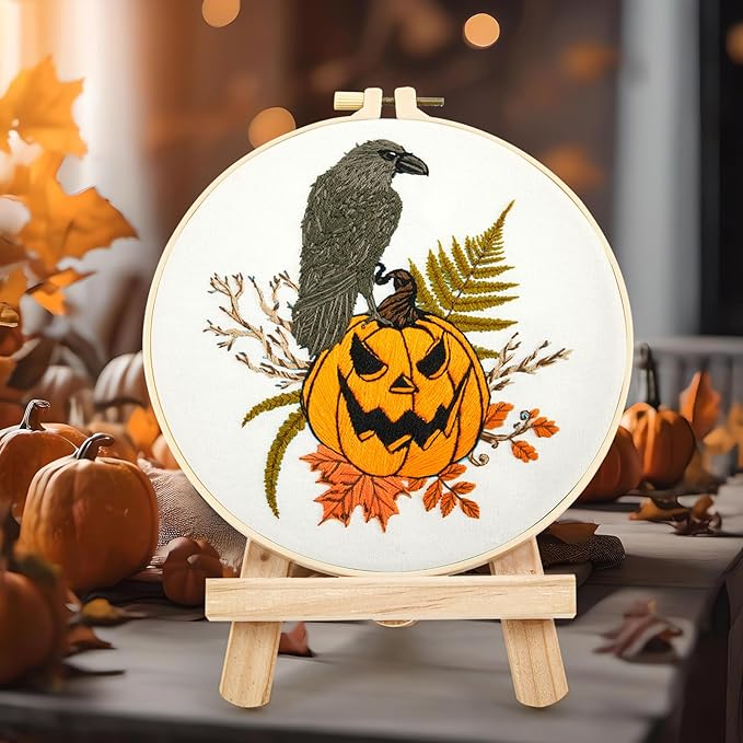 Crafmanoe Halloween Embroidery Starter Kits for Beginners Adults, Fall Pumpkin Stamped Cross Stitch Kits for Beginners Adults, Crow Gothic Embroidery Needlepoint Kits, Hoops, Fabric and Video Tutorial