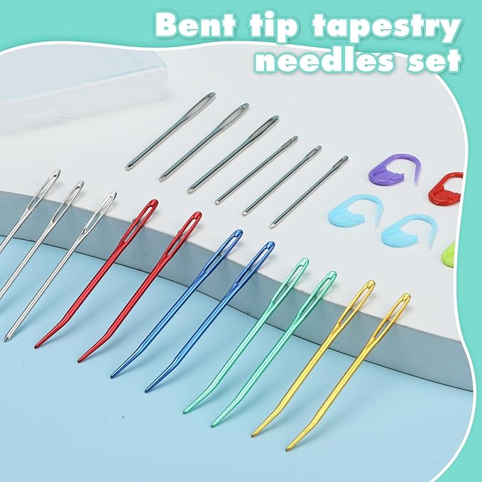 17 Pcs Steel Sewing Needles Kit, Stainless Steel Sewing Needles with Mix Color Stitch Markers, Weaving Needle Bent Tip Tapestry Needles Darning Knitting Sewing Needles for Knitting Crochet