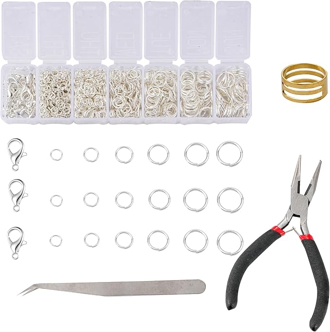 1350pcs Open Jump Rings Lobster Clasps Set Jewelry Pliers,Tweezers and Jump Rings Tool Opener for DIY Earring Bracelet Necklace Extender Chains Jewelry Making (Silver)