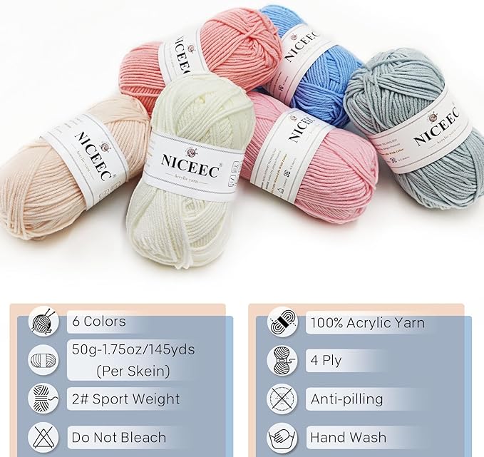 NICEEC 300g Soft Assorted Colors Yarn - Sport Weight,100% Acrylic, 4 Ply, Bonbons Yarn for Crochet & Knit, DIY Project Starter Kit for Kids or Adults(Total 870yds) - Series 13