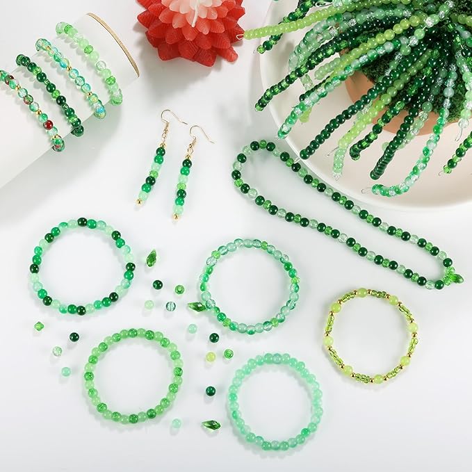 funtopia 1600pcs green glass beads for bracelets, 6mm crystal beads for jewelry making beaded plants, round glass beads with faceted bead seed beads for diy plant making crafts earrings necklace