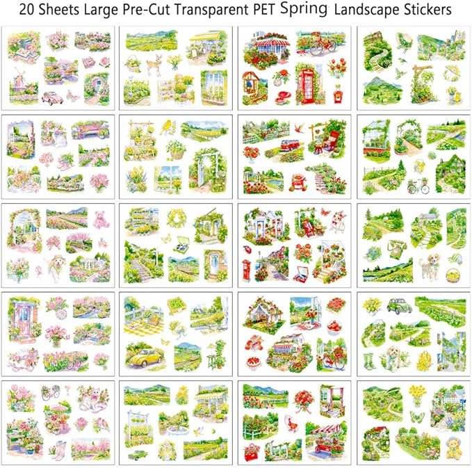 Large Spring Landscape PET Sticker Book for Journaling, 20 Sheets Transparent Pre-Cut Scenery Stickers for Scrapbooking Supplies, Collage Decorative, 9.25 x 6.58 inches