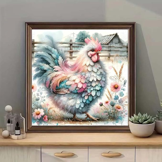 mrpwnle Chicken Diamond Art Kits for Adults, Colorful Rooster Diamond Painting Kits for Adults Beginners, 5D Round Drill Gem Art Easy Diamonds Painting Kit, Home Wall Decor 13.8X13.8 Inch