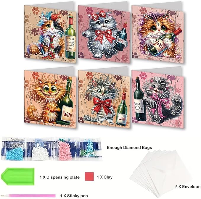 6 Pack 5D DIY Diamond Painting Cat Greeting Card Kit, Diamond Art Christmas Birthday Holiday Greeting Card, Art Crafts Kit Creative Gift with Envelope