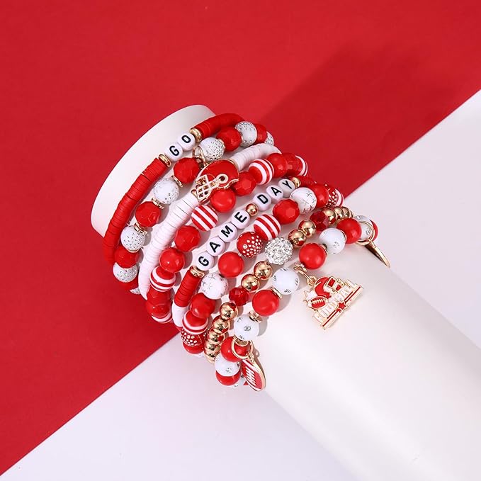 HSWE Game Day Beads for Bracelets Making Kit,Red White Heishi Clay Pearl Letter Assorted Round Beads Gold Spacer Beads with Football Charms for DIY Bracelet Necklace Jewelry Making,2100PCS+