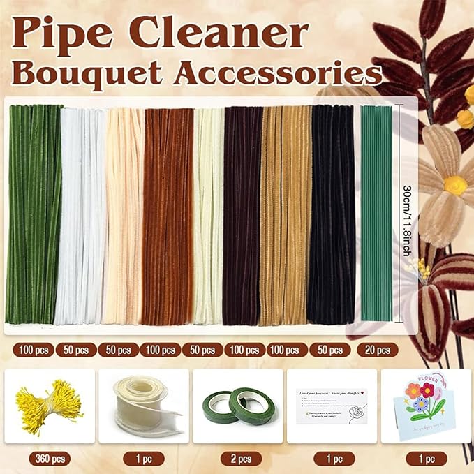 985-Pipe Cleaner Flower Making Kit - 600 Pieces Brown Coffee Beige White Green Chenille Stems with Stamens, Floral Wire & Tape, DIY Rose Sunflower Bouquet Craft Set, Complete Flower Kit