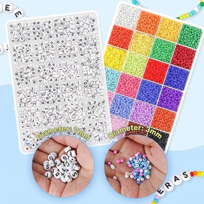 Dowsabel 24 Colors Friendship Bracelet Kit, 10000 Pcs 3mm Glass Seed Beads for Bracelets Making Kit with Letter Alphabet Beads A-Z, 8/0 Craft Bead for Jewelry Making with Needle Cord