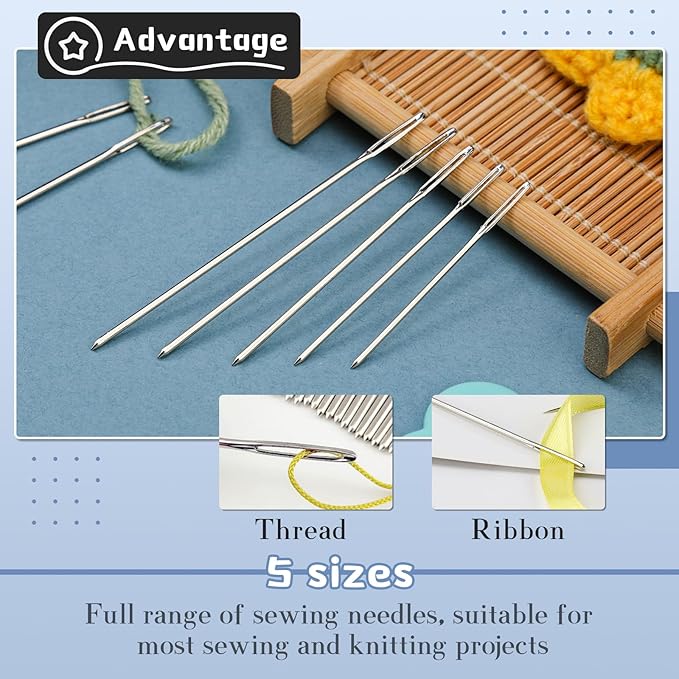 TLKKUE 100/40 Pcs Steel Large-Eye Blunt Needles, Tapestry Needle with Needle Threader Thimble, Yarn Needles for Sewing Knitting Crafting Weaving Crochet Tapestry (Silver, 5 sizes/100pcs)
