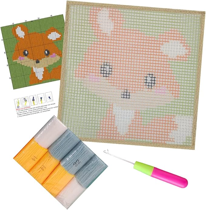 DL-YTG Latch Hook Kits Rug Fox Crochet Yarn Cushion Colour Pre-Printed Canvas Cover Rug Needlework DIY Hook and Latch Kit Christmas Home Decoration 30x30cm/12 X12inch