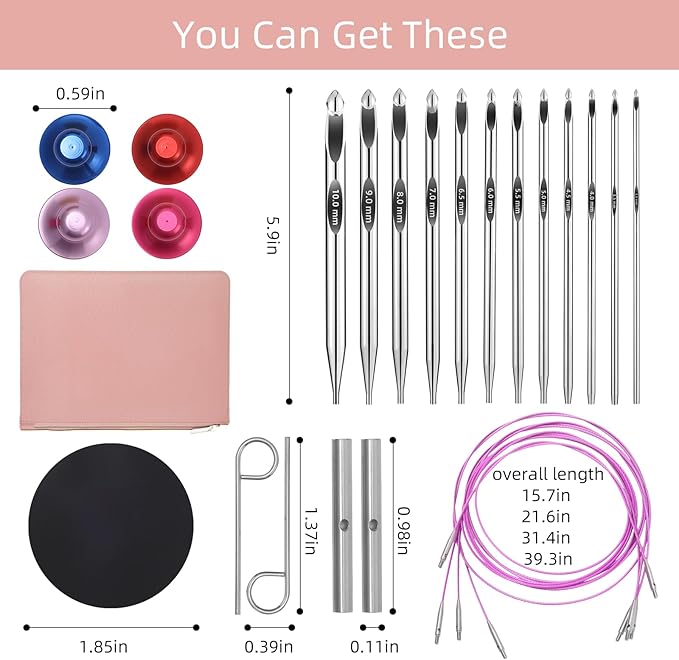 AIYUNDI Tunisian Crochet Hooks Set with Cable, 6-Inch Aluminum Interchangeable Crochet Hooks 3mm-10mm, Long Crochet Hooks, Lightweight, Anti-Twist Swivel Cables, Ergonomic, Pink 26 PCS