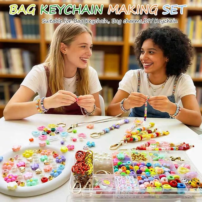 BOAJUNWU 519PCS Beaded Keychain Making Kit for Women,Acrylic Alphabet Bead Jewelry Making Kit Bag Charms DIY Key Chain Beads Supplies Crafts Accessoriess