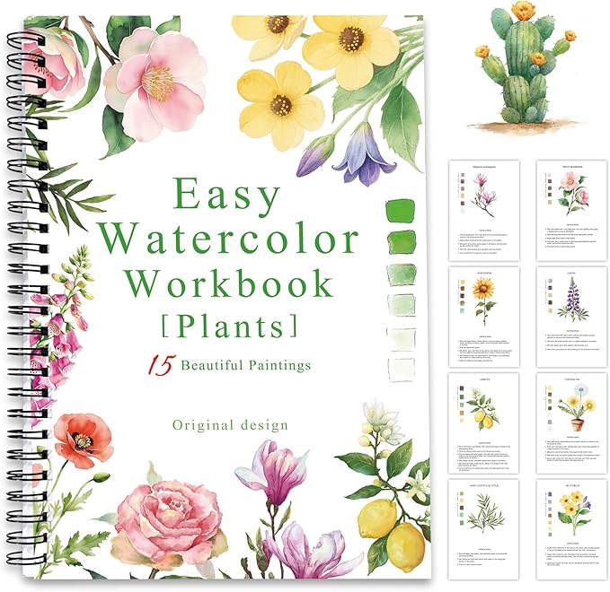 SLWBZ Watercolor Workbook Flower Plants, 15 Different Patterns of Original DIY Designs, Beginner-Friendly Watercolor Workbooks, (Plants, Without Palette)