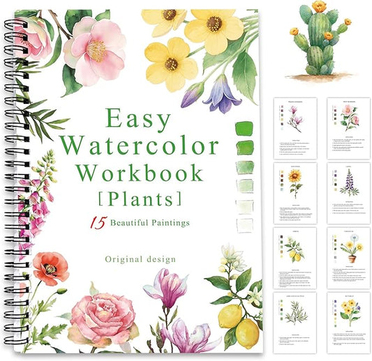 SLWBZ Watercolor Workbook Flower Plants, 15 Different Patterns of Original DIY Designs, Beginner-Friendly Watercolor Workbooks, (Plants, Without Palette)