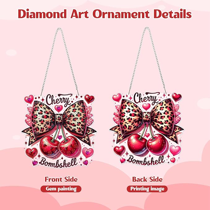 GHHKUD Cherry Bow Diamond Art Hanging Kit for Adults, DIY Double Sided Diamond Painting Hanging Valentines Kits Adults, Special Shaped Acrylic Ornaments Pendants for Window Home Garden Wall