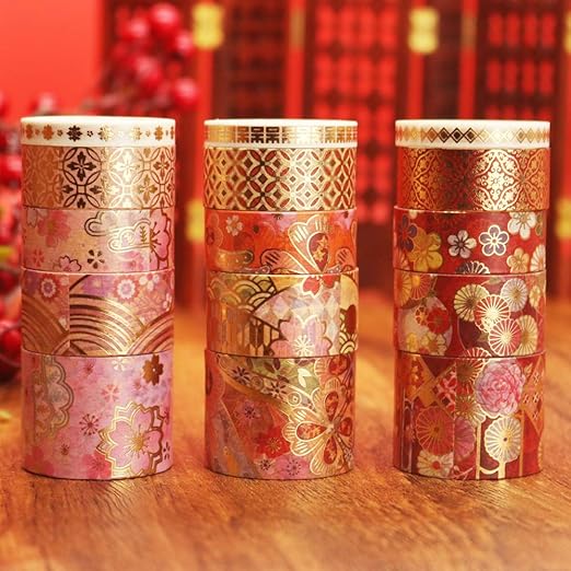 YUBBAEX Splendid Gold Washi Tape Set Embroidery Pattern Foil Decorative Tapes for Arts, DIY Crafts, Journal Supplies, Planners, Scrapbook, Gift Wrapping 15 Rolls (Fierce Flowers)