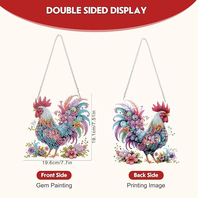 Hanging Diamond Art Kit for Adult, Cartoon Chicken, 5D Special Shaped Rhinestone Diamond Painting Ornament, Floral Rooster, DIY Acrylic Diamond Art Painting Window Pendants Home Garden Wall Decor