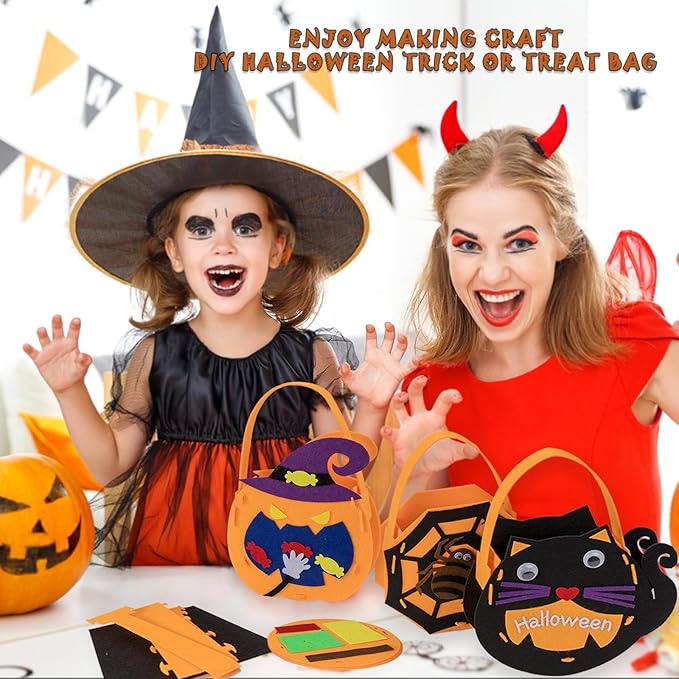 6 Set DIY Trick or Treat Bag Kit, Make Your Own Halloween Candy Bags Goodie Bags, Felt Craft with Stickers for Kids Halloween Party Favors