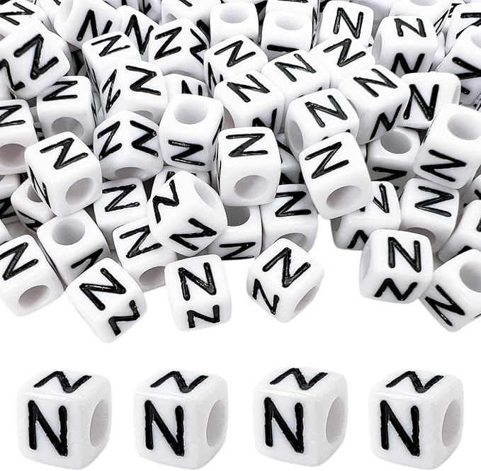 MIIIM 100pcs Pony Beads Letter N for Keychains Making, 6x6mm Large Hole Square Letter Beads for Bracelets Making, Alphabets, Numbers (White and Black)