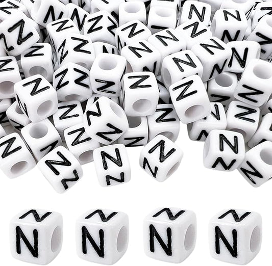 MIIIM 100pcs Pony Beads Letter N for Keychains Making, 6x6mm Large Hole Square Letter Beads for Bracelets Making, Alphabets, Numbers (White and Black)