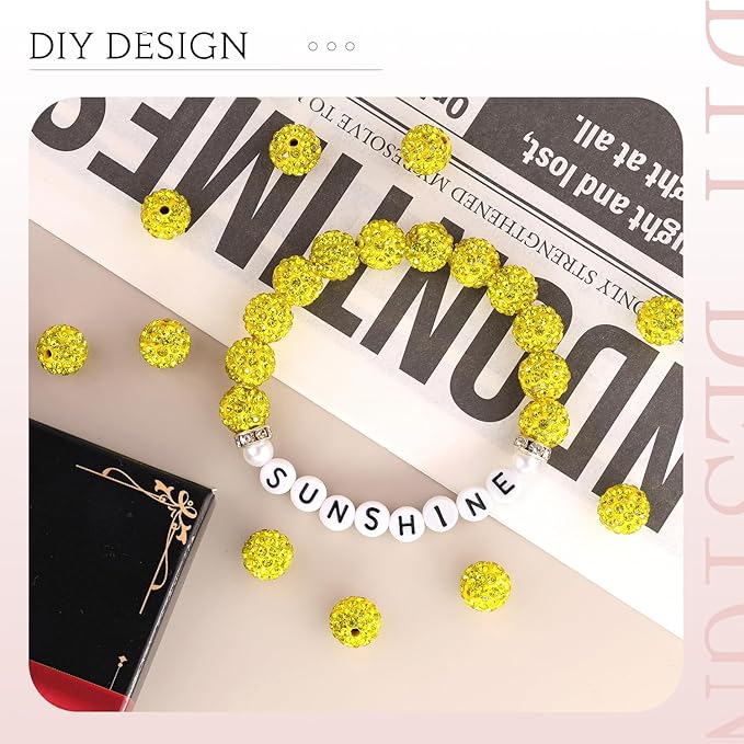 200 pcs citrine rhinestone beads for jewelry making, sparkle crystal clay christmas for bracelet baseball necklace earring crafting and diy, shiny round shamballa disco ball beads bulk